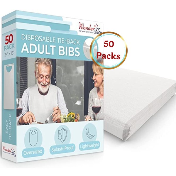 Disposable Adult Bibs for Eating | 50 Counts | White Large Tie Back Disposable Bib for Senior Men/Women Elderly and Adults Medical and Nursing Home Care | Water resistant Clothing Protectors