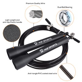 AQF Speed Skipping Rope for Fitness with Non-Slip Plastic Handles & Tangle Free Steel Wire Jump Rope Adjustable 3-meter length for Crossfit Training (Black)