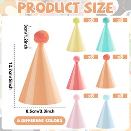 48Pcs Mini Pastel Birthday Party Hats for Stuffed Animals 5Inch Adjustable Cone Caps with DIY Pom Poms Colorful Mini Party Hats Pets Dolls Kids Small Pastel Birthday Decorations Kit for Holidays