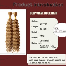 Braiding Hair, Boho Braids 20 Inch 2 Bundles Deep Water Wave Bulk for Braid No Weft Curly Braiding Hair for Wet and Wavy Braid Hair Extensions (#27/30,150g/ 2 bundles）20 Inch