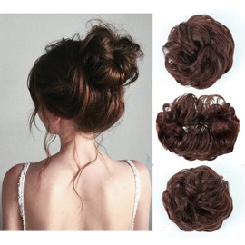 Gangel Hair Bun Curly Wavy Hair Extensions Ponytail Synthetic Hair Fibers Elastic Half Updo Hairpieces Hair Wig Scrunchies For Women and Girls(Pack of 1) (Dark Brown & Light Auburn(17#))