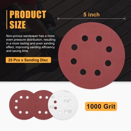 CoCud 25 Pack 5 Inch Sanding Disc 1000 Grit 8 Hole Round Hook and Loop Sandpapers Fit for Orbital Sander Automotive or Cars Repairing, Grinding or Polishing, Red