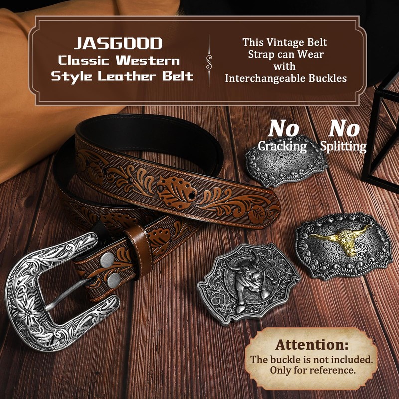 JASGOOD Western Leather Belt Strap for Men without Buckle Engraved