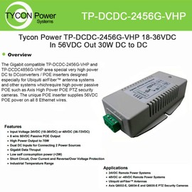 Tycon Systems TP-DCDC-2456G-VHP 56V DC Out 70W Hi Power DC to DC Converter and Passive POE Inserter - Gigabit