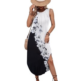 Zeagoo Womens Casual Floral Dress 2025 Flower Print Sundress Summer Beach Maxi Dress Loose Fit Sleeveless Dress, Black/White Print,XL