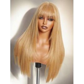 GORGIUS Straight Glueless Wig with Bangs Golden Blonde Layered Hair Ready-to-Go Synthetic Bang Wigs with Realistic Scalp 24 Inch