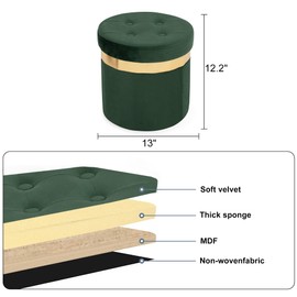xuperbonus Folding Storage Ottoman,Round Storage Ottoman with Gold Trim,Small Velvet Storage Ottoman,Foot Stool with Soft Padded Seat,Toy Storage for Living Room,Bedroom,and Dorm(Green,2pcs)