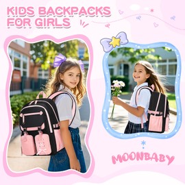 MOONBABY Girls Backpack with Lunch Box & Pencil Case for Kids Teens Bookbag for Elementary Primary Middle High School Daypack（Pink-3pcs