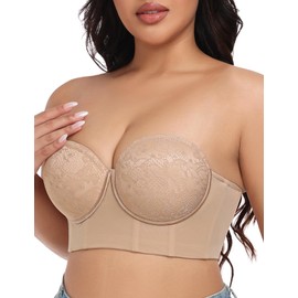 FallSweet Lace Strapless Bras for Women Longline Bustier Underwire Corset Top, Beige,42DD