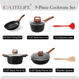 ESLITE LIFE Nonstick Cookware Sets, 9 Pcs Granite Coating Pots and Pans Set Kitchen Cooking Set, Compatible with All Stovetops (Gas, Electric & Induction), PFOA Free, Black