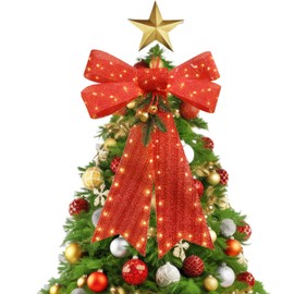 Christmas Tree Topper Bows, 12'' x 18'' Christmas Bows Lights for Tree, 70 LED Battery Powered Prelit Red Bow Lights with Pine Cone Bell for Indoor Home Window Wall Door Front Outdoor Decorations