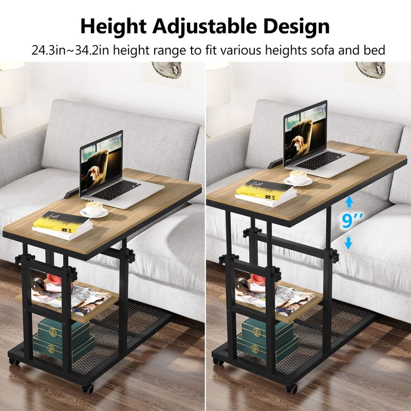 Tribesigns Height Adjustable C Table with Wheels, Mobile Couch Snack