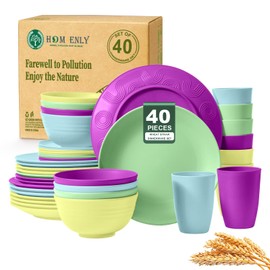 Homienly 40-Piece Kichen Dinnerware Set, Wheat Straw Dinnerware Set, Plates, Bowls, Drinking Cups, Service for 8, Dishwasher & Microwave Safe Dish Set, Unbreakable Plates and Bowls Set - Memphis