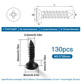 VooGenzek 130 pieces M3.5 x 20 mm coarse thread drywall screws, Phillips screws, self-tapping wood screws, for drywall, plasterboard, black