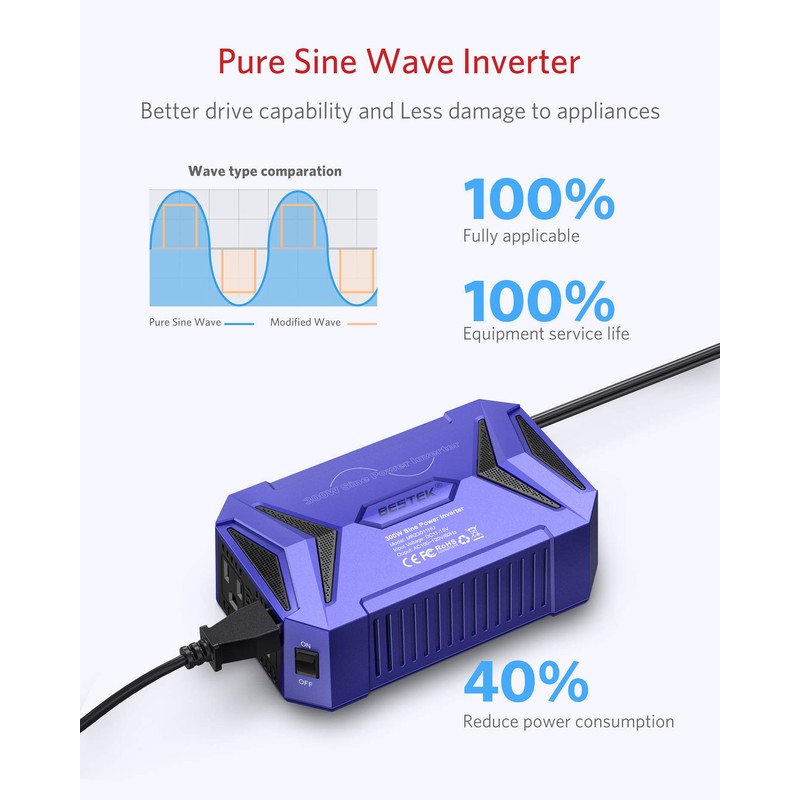 BESTEK 300Watt Pure Sine Wave Power Inverter Car Adapter DC