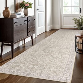 Siiloom 3x10 Beige White Washable Runner Rug for Kitchen, Soft Classic Runner with Non-Slip, Non-Shedding Distressed Floral Rug for Hallways Entryway Bedroom Laundry Indoor