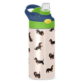 Coikll Cute Dog Dachshunds 12oz Kids Water Bottle With Straw BPA Free Vacuum Bottle Leak-proof Insulated Stainless Steel Tumbler for Boys Girls -Green