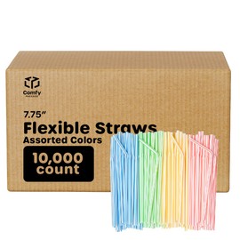 Comfy Package [Case of 10,000] Flexible Disposable Plastic Drinking Straws - 7.75" High - Assorted Colors Striped