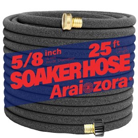 Araiozora Soaker Hose 25FT, 5/8“ Heavy Duty Ruber Round Soaker Hoses with Solid Brass Connector for Flower Bed&Yard,Landscaping