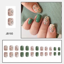 CEWEWP 24Pcs Short Press on Nails Square Green Flower Fake Nails Designs Spring False Nails Glossy Acrylic Nails for Women Reusable Glue on Nails (Dark Green Flowers)