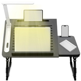 Adjustable Foldable Laptop Table with LED Lamp, Ergonomic Multi-Purpose Portable Desk for Bed, Sofa, or Floor - Ventilated Surface, Sturdy Legs, and Built-in Storage Slots