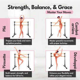 New & Improved 4 Ft Steel Double Ballet Barre with Carry Bag and Beginner Guide,Adjustable&Portable Ballet Barre for Home and Gym,Quality Ballet bar Anti-Wobble,Stretching Dance bar (Wood, Black)