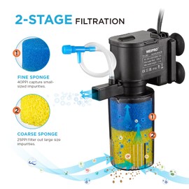 Weipro Aquarium Filter Internal Filter Small with 2-Layer Biochemical Sponge Filtration, 5W Aquarium Filter Pump Suitable for 20L ~ 60L Freshwater Saltwater Aquariums, TH-280 (330L/H)