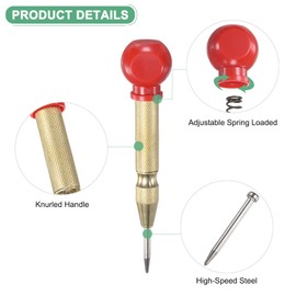 M METERXITY 1-Pack Automatic Center Punch, 133mm HSS Spring Loaded Nail Punch with Palm Cushion Cap for Steel Plate/Wooden Board/Glass, Adjustable Impact Punch Window Breaker Tool [Gold Tone]