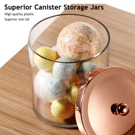 SheeChung 3 Pack 50 Oz Large Apothecary Jar with Metal Lid, Plastic Containers Canisters with Stickers Spoons, Bathroom/Laundry/Kitchen/Pantry Vanity Countertop Storage Organizer Decor(Rose Gold)