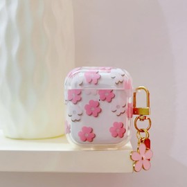 Faneiy for AirPods 2nd/1st Gen Case with Keychain,Cute Clear Pink Flower Floral Protective Earphone Cover Case,Soft Transparent TPU for AirPods 2 1 Case Women Girl