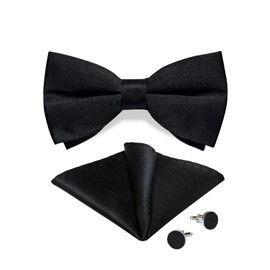 DiBanGu Mens Classic Black Pre-Tied Satin Bowtie and Pocket Square Cufflinks Set Wedding Tuxedo Bow Tie