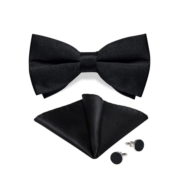 DiBanGu Mens Classic Black Pre-Tied Satin Bowtie and Pocket Square