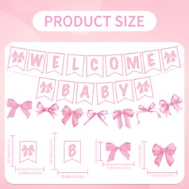 Pink Baby Shower Decorations Banner, 3 Pcs Welcome Baby Girl Pink Bow Party Banners, Newborn Arrival Party Supplies