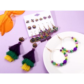 NLCAC NLCAC Mardi Gras Earrings Set Fleur De Lis Mask Stud Earrings Beaded Tassel Dangle Earrings for Women (11 Pairs Set)