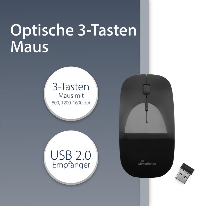 MediaRange optische 3-Tasten Funk-Maus, geräuscharm, schwarz-glänzend