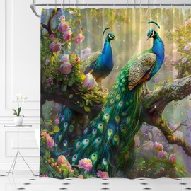 MSAYNFG Peacock Shower Curtain Beautiful Birds Floral Branches Wildlife Animal Elegant Nature Fabric Bathroom Decor Set with Hooks(70" Wx70 H)