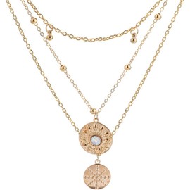 Women Multilayered Vintage Rhinestones Sun Pendant Choker Necklaces Double Layer Statement Necklaces Jewelry for Women and Girls (One size, Gold)