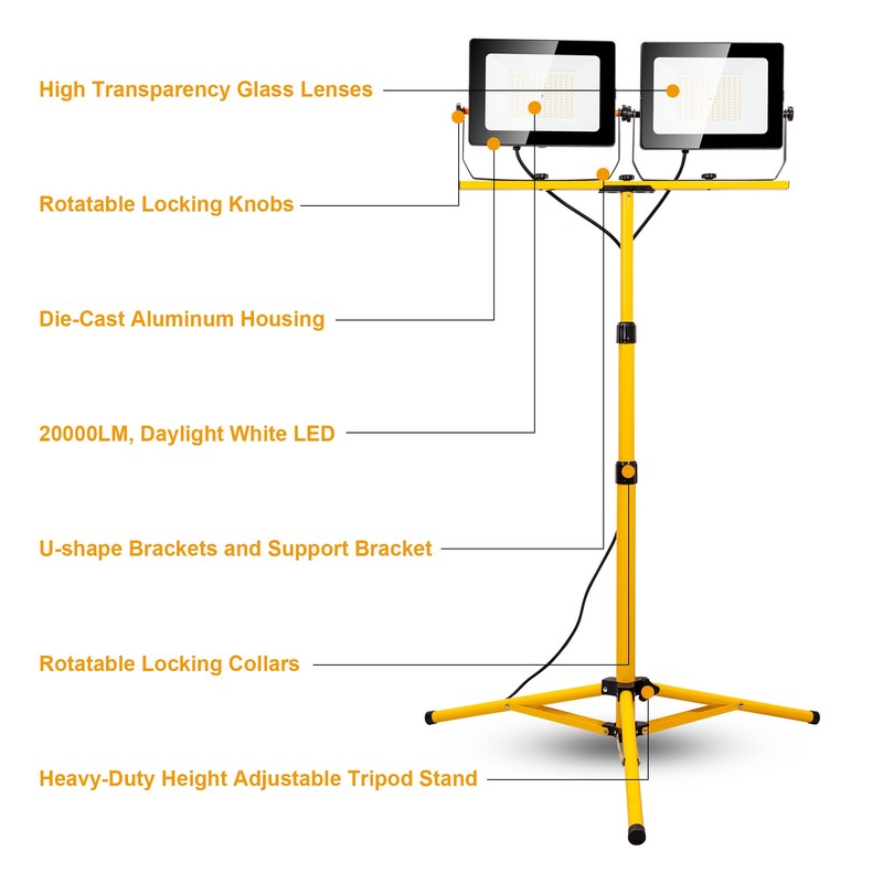 20000 Lumen Work Lights with Stand, 200W Dual Head LED