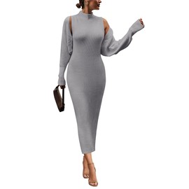 PRETTYGARDEN Womens Fall 2 Piece Outfits Bodycon Maxi Tank Pullover Sweater Dress And Long Sleeve Cropped Cardigan Knit Sets (Grey,Small)