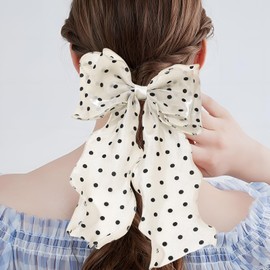 papasgix Hair Bow Clips for Women, Hair Ribbons Big Hair Bow Clips Solid Color Long Silk Ribbon Bow Hair Clip Silk Hair Bows Ribbon for Women Girls (1, White-Dot)