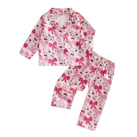 Twopumpkin Toddler Girl Satin Silk Pajamas Button Down Shirt Pants 2 Piece Pajama Set Little Kids Girls Cute Pjs Nightgown (Cute Bow Cherry Pink, 4-5 Years)