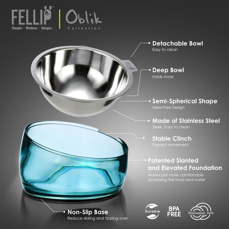 Felli Pet Oblik Slanted Dog Food Water Bowl Elevated Stainless