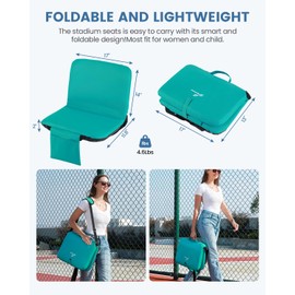 Sportneer Stadium Seat with Back Support- Portable Folding Bleacher Seats with Backs and Cushion 6 Reclining Position Paded Stadium Chair for Sports Events, Light Blue 2 Pack