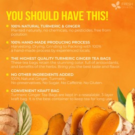 FreshDrinkUS, Premium 85 Ginger Turmeric Tea Bags, 100% Natural Ingredients, Hand-made Blend of Ginger and Turmeric Herbal Tea, Eco-conscious Tea Bags. No Sugar, No Caffeine, No Gluten, Vegan.