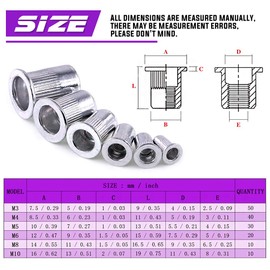 Swpeet 160Pcs Aluminum Alloy Flat Head Rivet Nut Kit, Including Assorted M3 M4 M5 M6 M8 M10 Aluminum Treaded Insert Nutsert Perfect for Providing High Strength Load Bearing Threads
