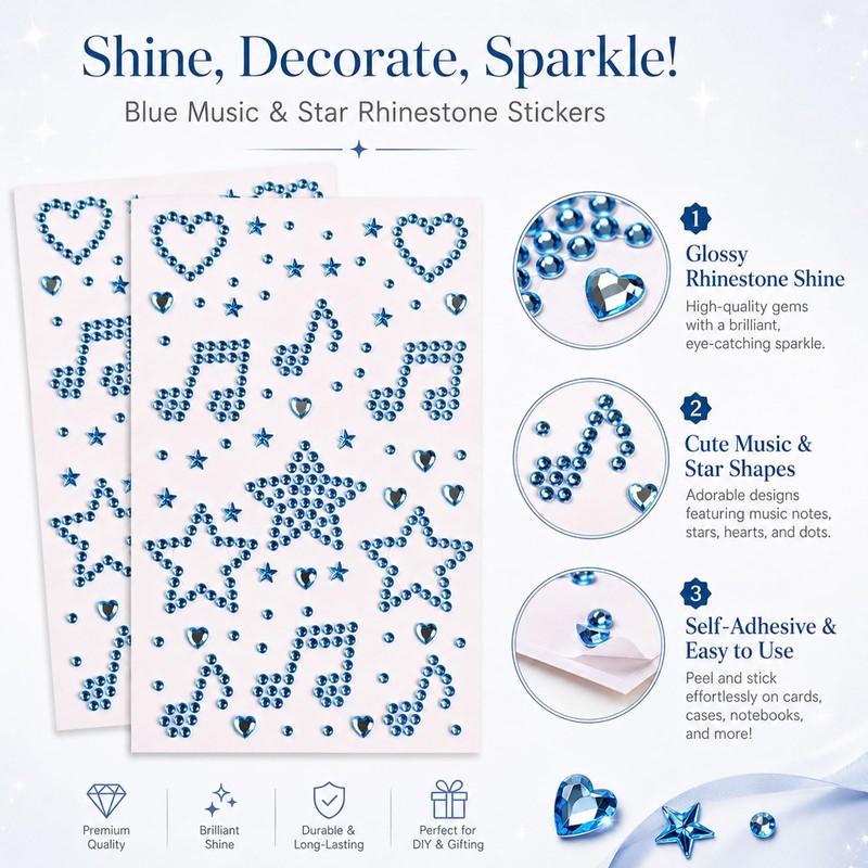 Blue Face Gems Stickers Face Jewels with Star Heart Music