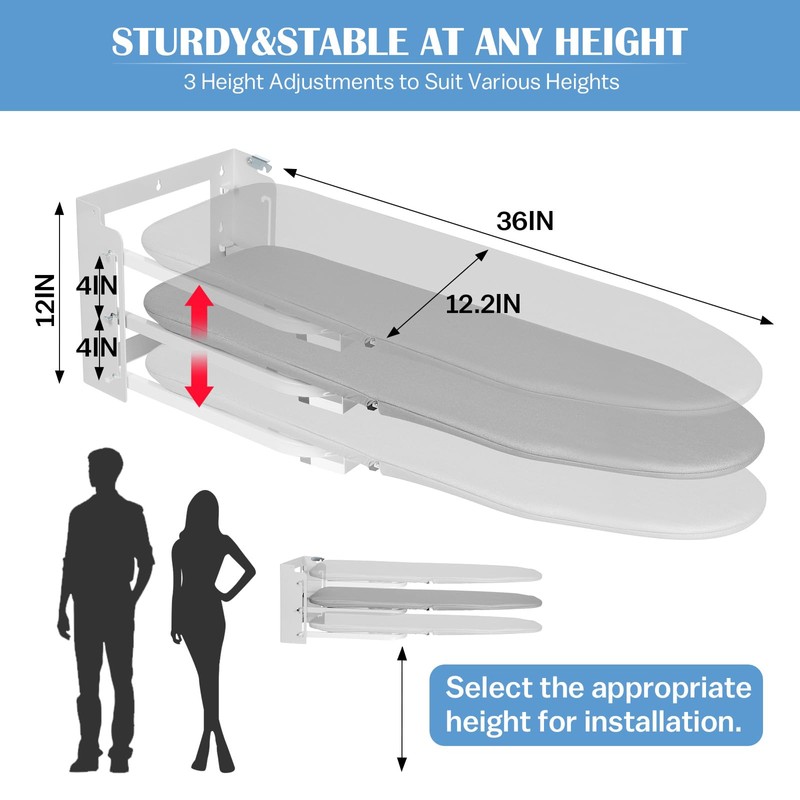 Wall Mounted Ironing Board Adjustable Height, 36 x 12 Inch