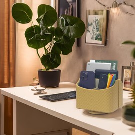 UnionBasic Rotating Desk Organizer, 360 Degree Desk Spinning Caddy, Desktop TV Guide/Mail/Media/Remote Controller Holder Organizer, Woven Apricot