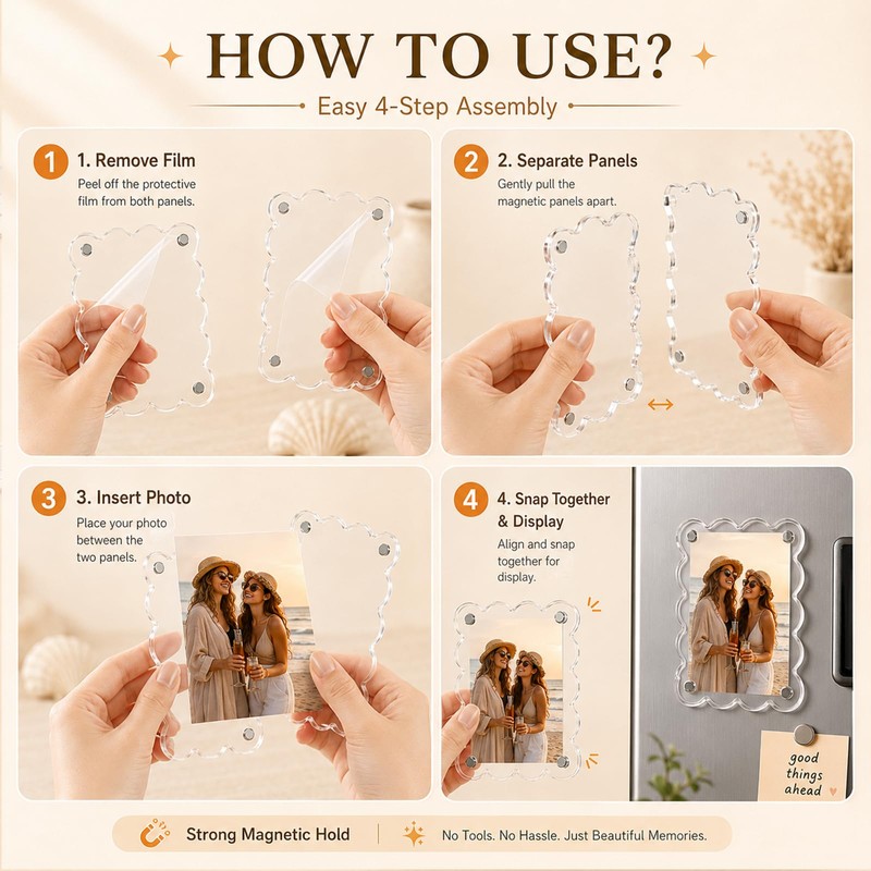 6 Pack Scalloped Acrylic Magnetic Photo Frames, 2.56 x 3.74