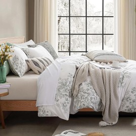 LEMIROE Vintage French Country 100% Cotton Duvet Cover King Size 3PC - Luxurious Dusty Green Floral Design on Creamy White, Neutral Elegant Bedding Set with Button Closure (King, 104"×90")